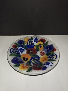 Vintage Peggy Karr Fused Art Glass Botanical Pansies Flowers Shallow Bowl Signed